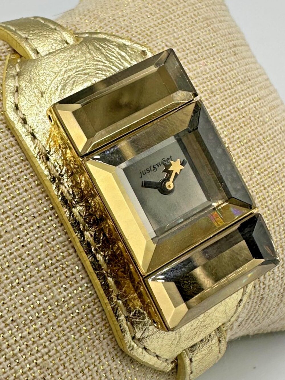 Just Sweet Watch Women Gold Tone Rectangular Faceted Crystal Case New Battery 8"